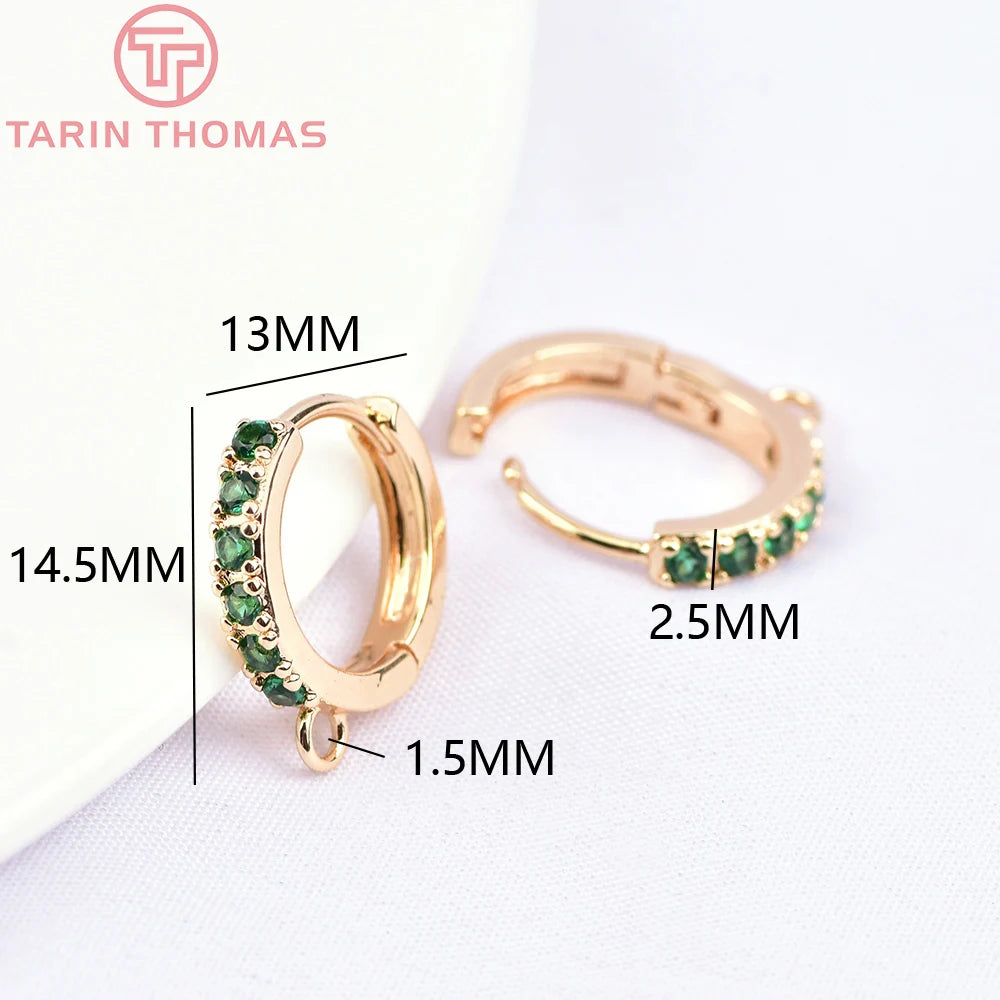 (1980)4PCS 13MM 24K Gold Color Plated Brass with Zircon Earring Hoop Earring Hooks for DIY Jewelry Making Finding  Accessorie