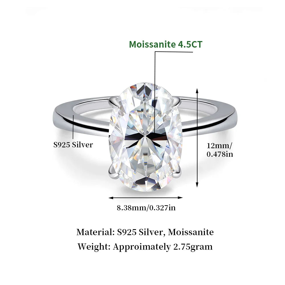 Certified 4.5CT Oval All Moissanite Ring 925 Sterling Silver for Women Sparkling Lab Diamond Engagement Wedding Band Jewelry GRA