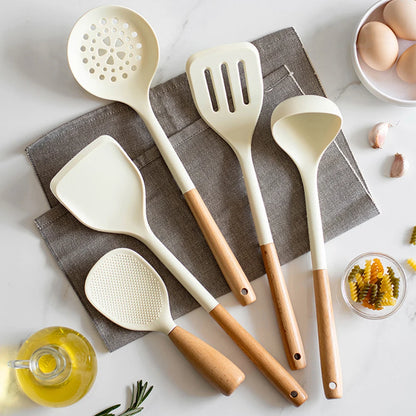 5Pcs White Silicone Wooden Handle Cooking Tool Non-stick Kitchen Utensils Silicone Spatula Baking Kitchen Utensils Tool