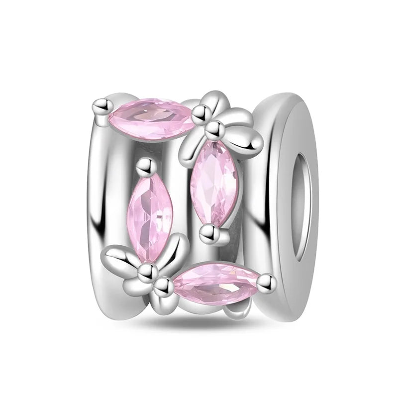 925 Sterling Silver Pink Charms Beads Butterfly Perfume Bottle Crown Heart Shaped Zircon Charms for Women Fine DIY Jewelry Gifts