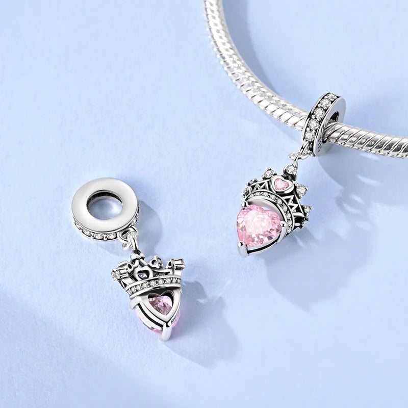 925 Sterling Silver Pink Charms Beads Butterfly Perfume Bottle Crown Heart Shaped Zircon Charms for Women Fine DIY Jewelry Gifts