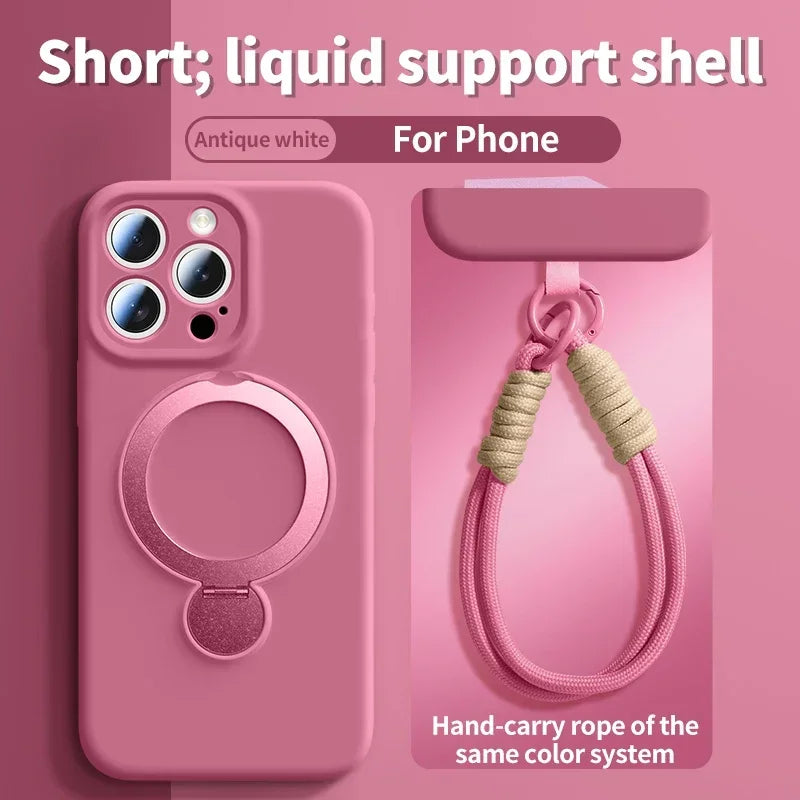 Liquid Silicone Bracket Magnetic Case For iPhone 17 16 15 14 13 Pro Max Air Magsafe With Hanging Rope Anti Fall Protective Cover