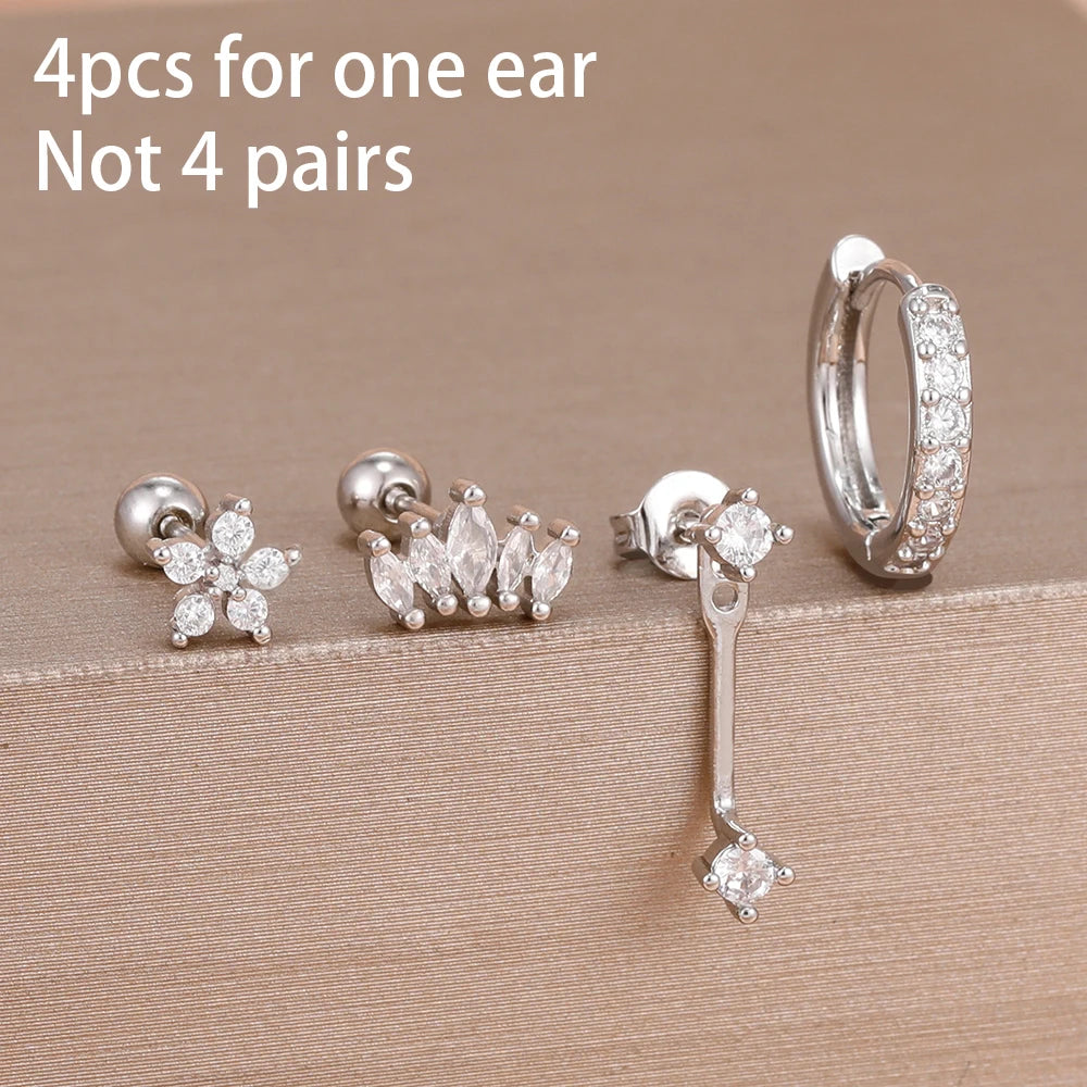 4PCS Zircon Star Moon Flower Small Hoop Earrings Set For Women Stainless Steel Huggies Pendant Piercing Earrings Jewelry Aretes