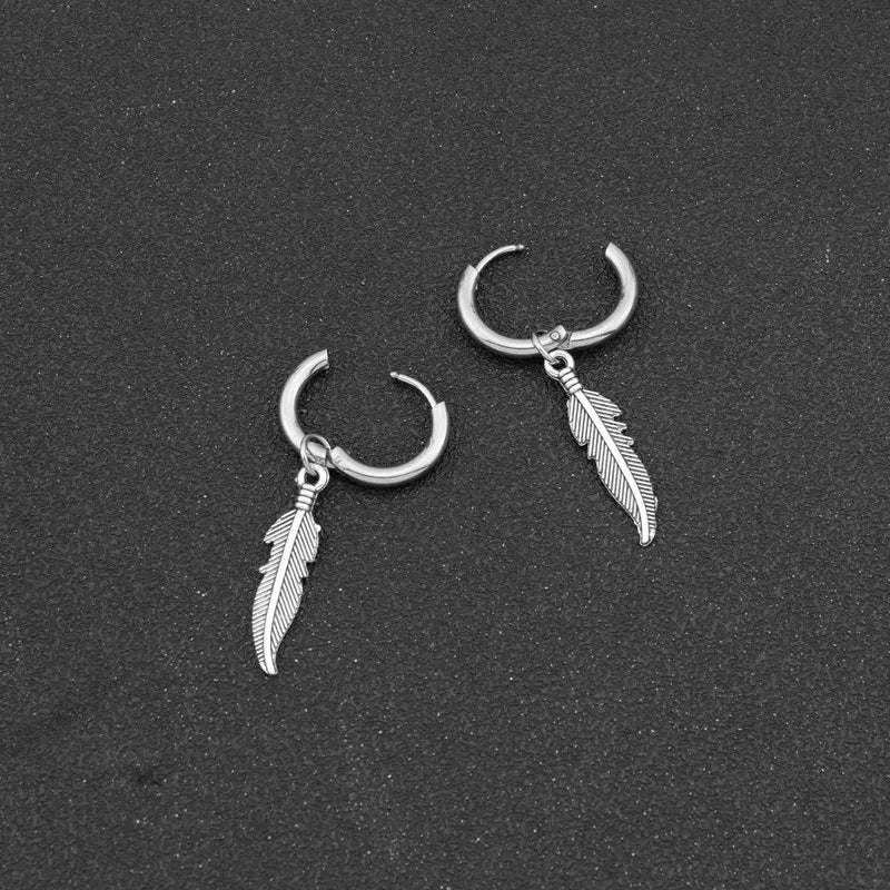 Vintage Feather Earring Korean Jewelry No Fade Stainless Steel Round Hoops Ear Piercing Earrings For Women Men Hip Hop Pendiente
