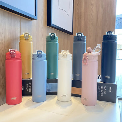 TYESO 600/750ML Thermos Bottle With Straw Stainless Steel Car Thermal Cup Sports Water Bottles Keeps Cold and Heat Thermal Mug