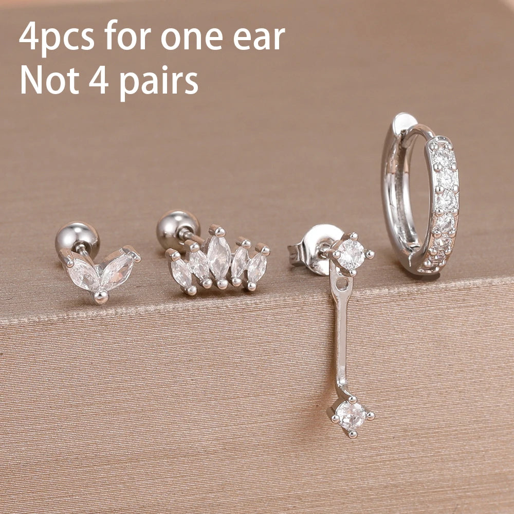 4PCS Zircon Star Moon Flower Small Hoop Earrings Set For Women Stainless Steel Huggies Pendant Piercing Earrings Jewelry Aretes