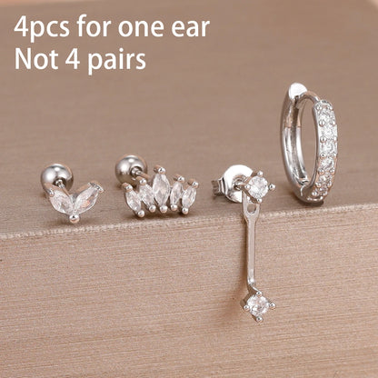 4PCS Zircon Star Moon Flower Small Hoop Earrings Set For Women Stainless Steel Huggies Pendant Piercing Earrings Jewelry Aretes
