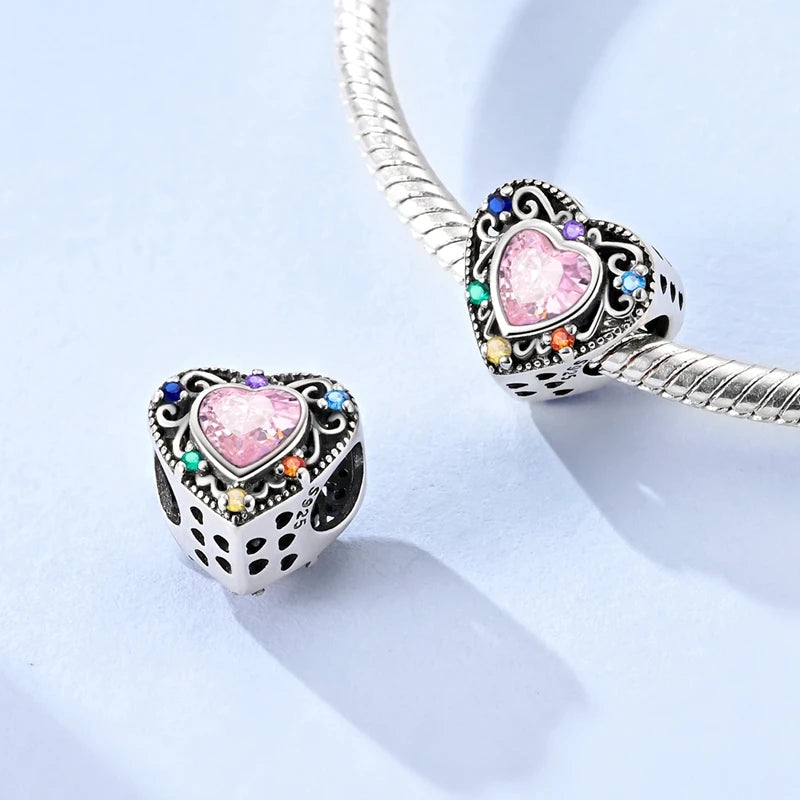 925 Sterling Silver Pink Charms Beads Butterfly Perfume Bottle Crown Heart Shaped Zircon Charms for Women Fine DIY Jewelry Gifts