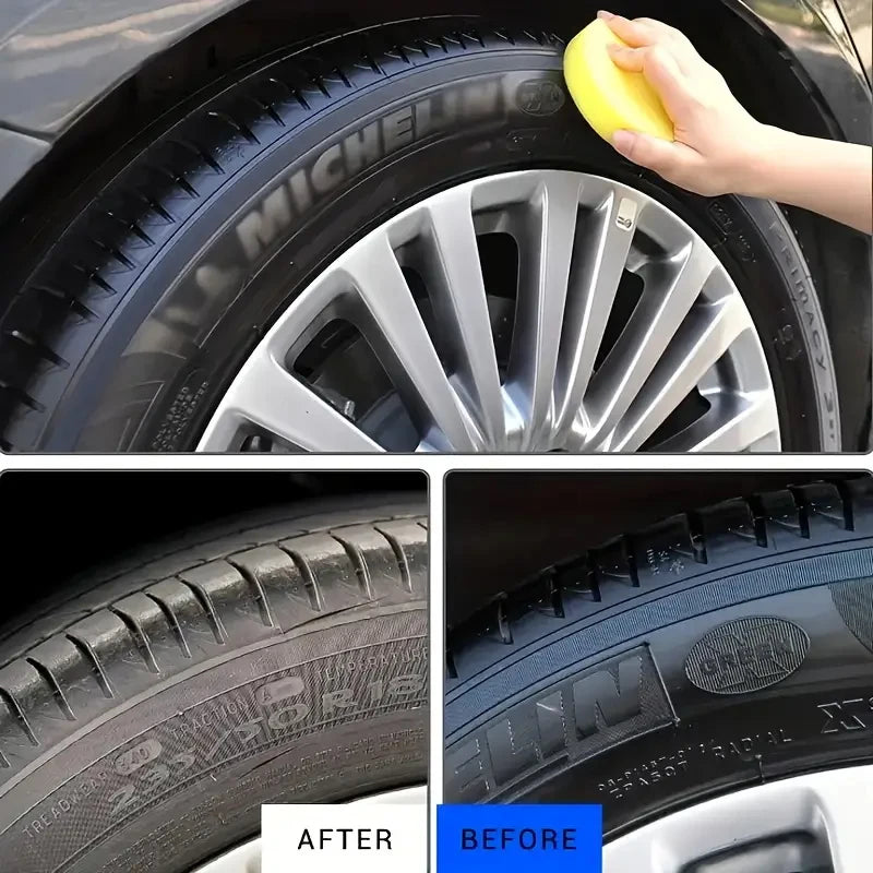 Tire polishing wax, shiny black, restores tire gloss and enhances tire appearance, preventing oxidative cracking and aging